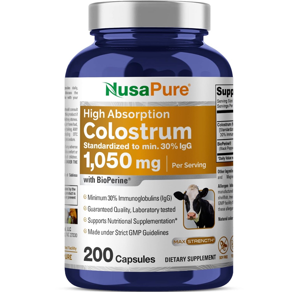 NusaPure Colostrum 1050mg 30% IgG 200 캡슐 (비 GMO, Soyfree) Bioperine