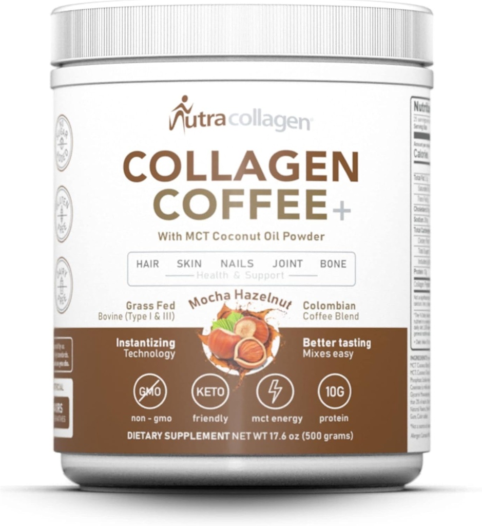 우수한 컬럼비아 커피를 가진 NUTRACOLLAGEN 펩티드 분말; 잔디밭; Keto 친절한, MCT 코코넛 기름 분말, Soy 자유로운, 글루텐 자유로운, 설탕 자유로운, 40mg 카페인/SVG; Mocha Hazelnut 25 서빙