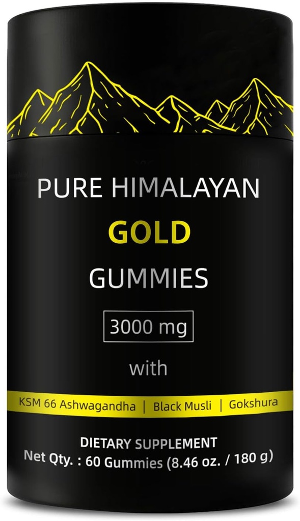 Pure Himalayan Gold Gummies | Ashwagandha, Gokshura Fulvic Acid 85 Micronutrients for Men, Women | 추가 설탕 | Non-GMO | 상자 당 천연 유기농 60 구미
