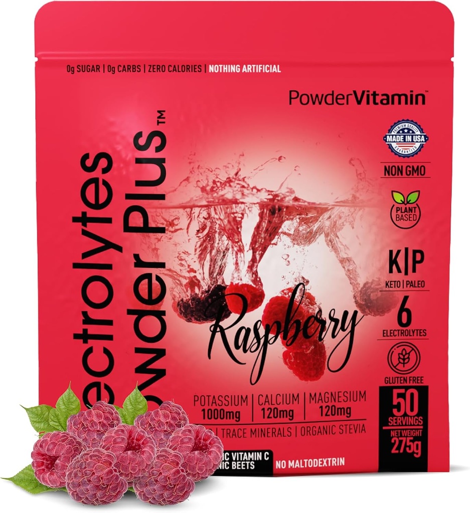PowderVitamin Electrolytes 분말 플러스 (50 서빙) 라즈베리 전자 분말 Zero Calorie Keto, 0 설탕, No Maltodextrin, 1000mg 칼륨, 120mg 칼슘, 120mg 마그네슘, 하이드로 션 분말