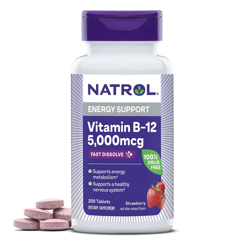 Natrol 비타민 B12 5,000 mcg, 빠른 용해 비타민 B12 보충교재는 건강한 신경계 및 에너지 대사, 200의 정제, 200 까지 일 공급을 지원합니다