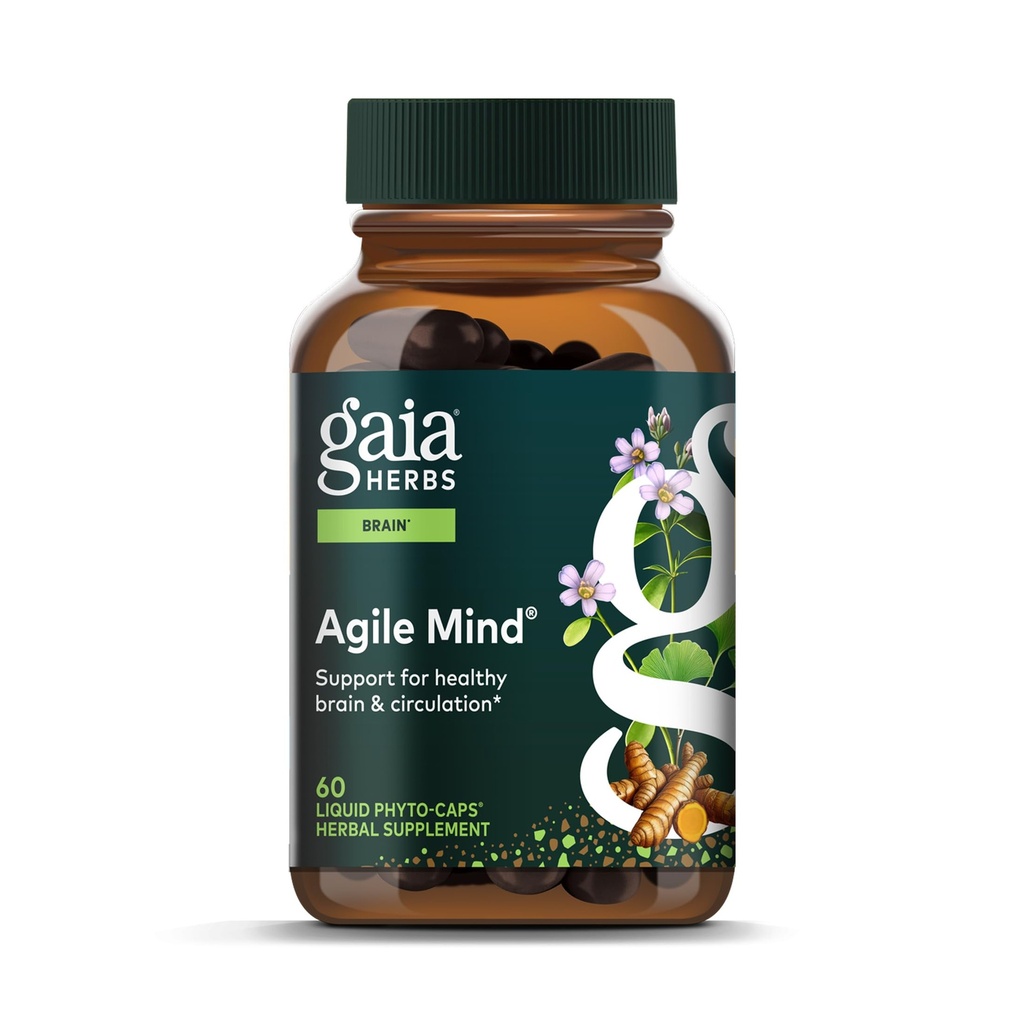 Gaia Herbs Agile Mind - 뇌 및인지 지원 초본 보충 교재 - 유기 심황 뿌리, Bacopa, 검은 후추 및 Ginkgo Biloba - 60 Vegan 액체 Phyto-Capsules (30 일 공급)