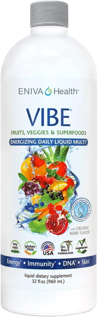 Eniva Health Vibe Liquid Multivitamins Mineral Supplements with Vitamins A, B12, C, D, E & Amino Acids | 여성 및 남성을위한 과일 및 채소 일일 보충 | 미국 Made | 32 oz