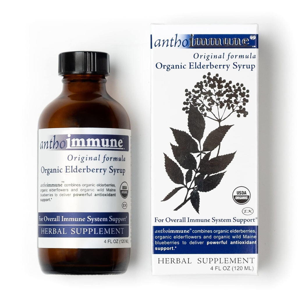 유기농 Elderberry Syrup - Anthoimmune - 성인과 어린이를위한 면역 지원 보충 - USDA 유기, 울트라 프리미엄 블랙 Elderberry 포뮬러 (4 oz) 24 서빙