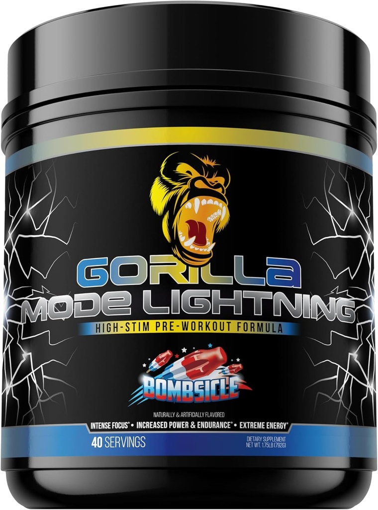 Gorilla 모드 번개 사전 운동 - 극한 에너지 · 레이저 초점 · 강력한 펌프 · 피크 성능 - 550mg 카페인, 13500mg L-Tyrosine, 알파 GPC - 792g (Bombsicle)