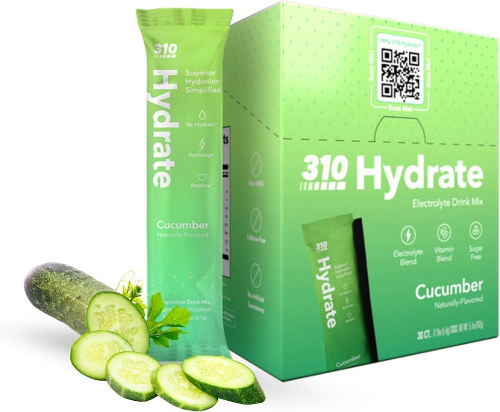310 Nutrition Sugar Free Electrolytes Powder - 매일 유체 균형을위한 즉각적인 수분 공급 패킷 - 카페인 무료 Rehydration Drink Mix w / 비타민, 낮은 칼로리 및 Keto Friendly - Cucumber 30 Singles