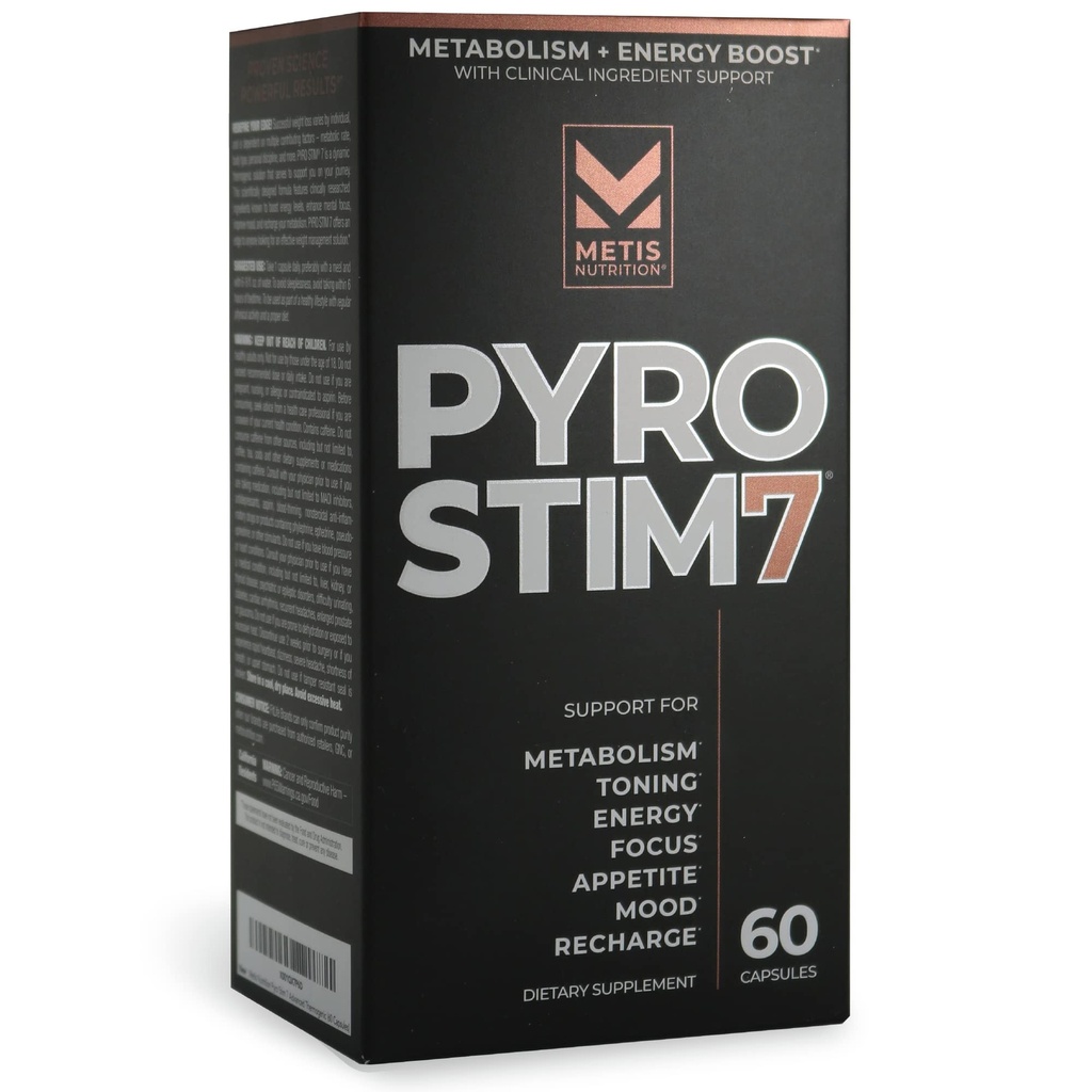Pyro Stim 7 Metabolism 부스터 뚱뚱한 손실 지원 에너지 부스트 - 초점, 식욕 제어, 근육 투약 및 계류 통제 (60 캡슐)를 위한 Teacrine를 가진 한 번 A 일 Thermogenic