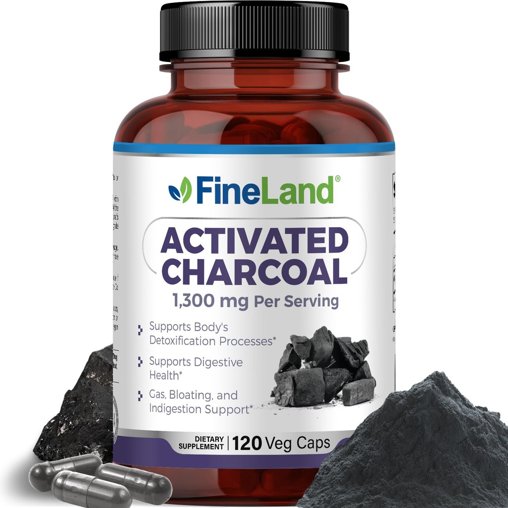 FineLand 활성탄 1300mg - 고급 소화 Detox Cleanse, 가스 및 Bloating, 순환 및 Cholesteroal 지원과 도움말 - 미국에서 만든, 120 Vegan 알약
