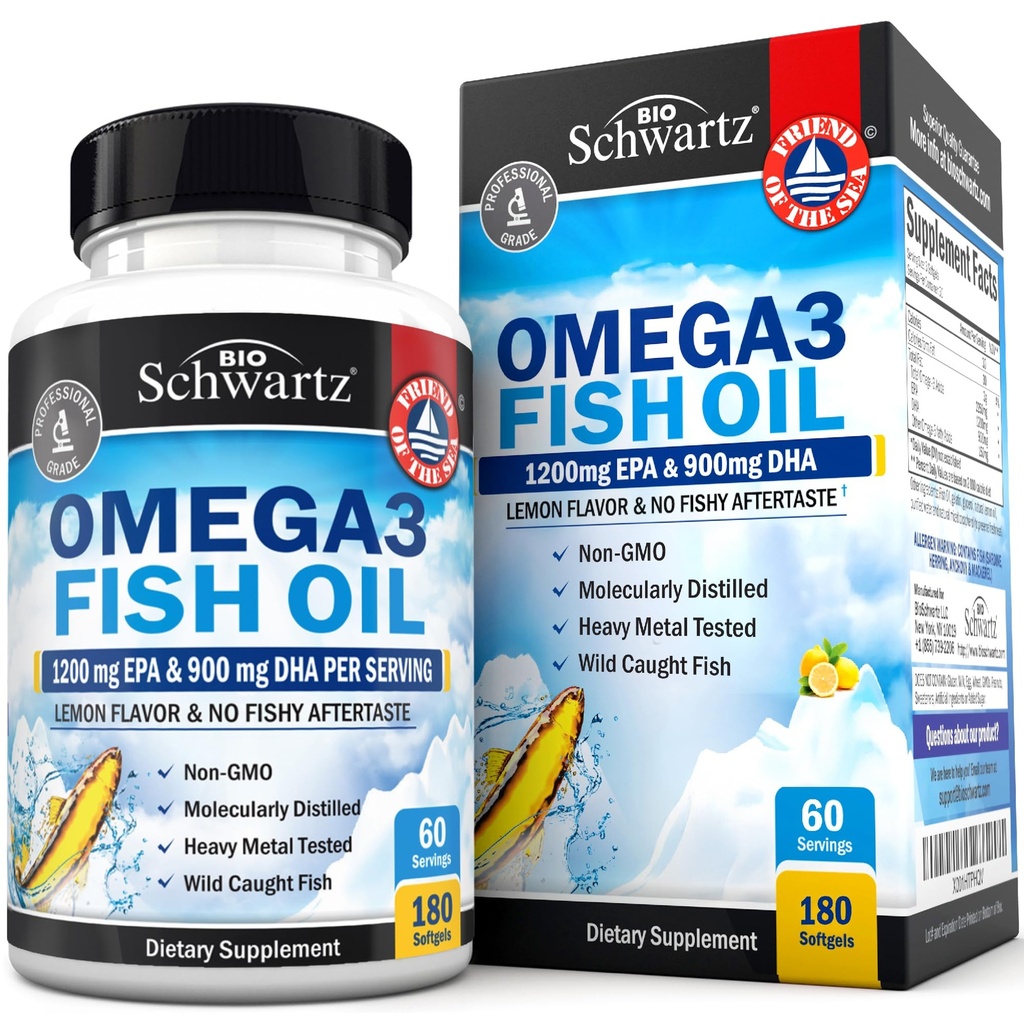 세 배 힘 Omega 3 물고기 기름 보충교재 - 신선한 야생 잡초 물고기, Burpless 레몬 풍미 공식 지원 눈 건강 및 더 많은 것에서 2250mg EPA DHA Omega 3 지방산, 글루텐 자유로운, 180 Softgels