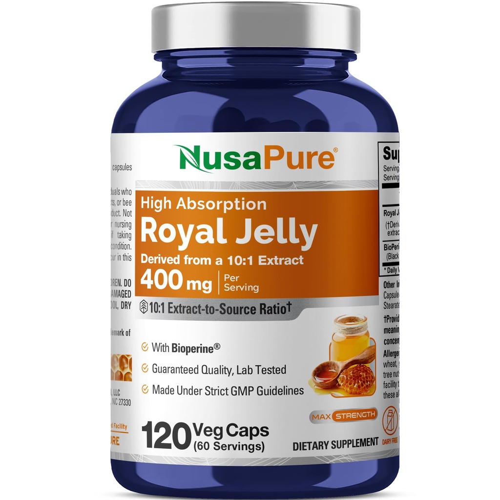 NusaPure 로얄 젤리 10 : 1 추출물, 4000mg에 400mg 상당 - 120 Veggie 캡슐 (비 GMO, 글루텐 무료, 바이오페인)