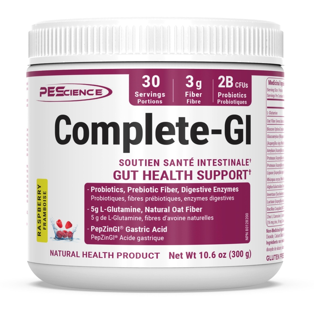 PEScience 완전한 GI Gut 건강 분말, 여자와 남자를 위한 Probiotics, 소화 효소, Prebiotic 섬유, L 글루타민, Pepzin GI 아연 Carnosine, 나무 딸기 풍미, 30의 서빙