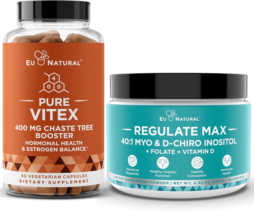 Vitex Chasteberry 캡슐 & Regulate Max Myo-Inositol D-Chiro Inositol 분말 - 자연 PMS & Fertility 지원, 균형 호르몬, Regulate 사이클 - 60 Vegan Soft Capules + 60 서빙 Inositol 분말