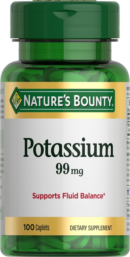 Nature's Bounty Potassium 99mg, 유체 균형 및 근육 활동 지원, 정상 심장 기능, 칼륨 Gluconate 규정식 보충교재, 글루텐 무료, 일 당 1, 100 채식 모자