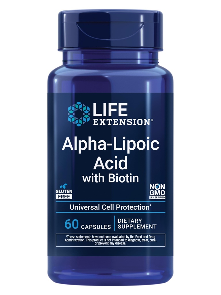Biotin, Cell Protection, Liver & Nerve Health, Gluten-Free, Non-GMO, 60 캡슐에 대한 범용 산화 방지제와 생명 연장 알파 리튬 산