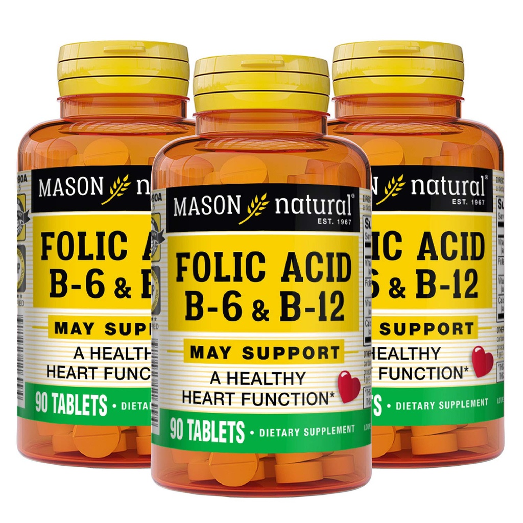 MASON NATURAL 심장 공식 B6/B12/Folic 산 정제, 규정식 보충교재 지원 심장 혈관 건강, 빨간 혈액 세포 형성, 신진 대사 기능, 90의 조사 (포장 3)