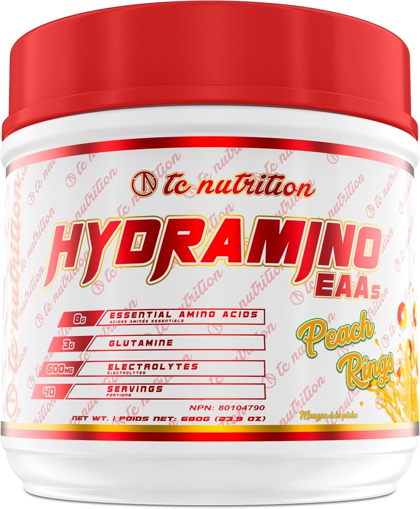 Hydramino EAA + BCAA 분말 - 40의 서빙 - 회복, 힘, & Hydration, 7g BCAAs, 8g EAAs, 600mg 전해질 (생각, 복숭아 반지)를 위한 근본적인 아미노산 보충교재 & 전해질 분말
