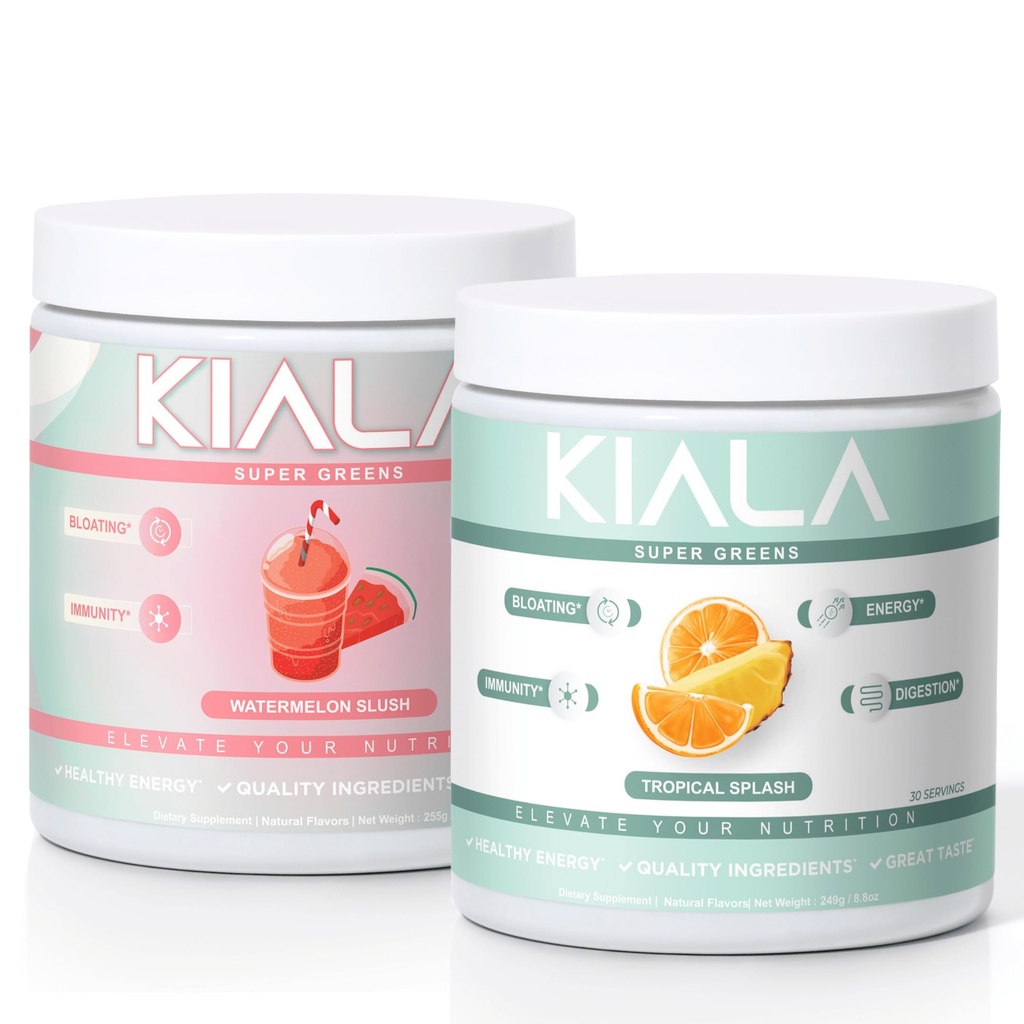 Kiala 영양 최고 녹색, 유기 녹색 분말, Spirulina & Chlorella Superfood 분말, 설탕 & 글루텐 자유로운 채식주의자, Spectra 혼합, 수박 & 열성 진창 2 팩