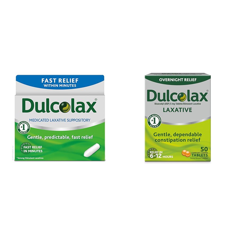 Dulcolax 빠른 기복 Medicated Laxative 좌약 빠른 기복, 직장 사용 단지, Bisacodyl, 10 mg & Gentle 변비 기복, Bisacodyl 5 mg 정제, 50 조사를 위한 하룻밤 기복