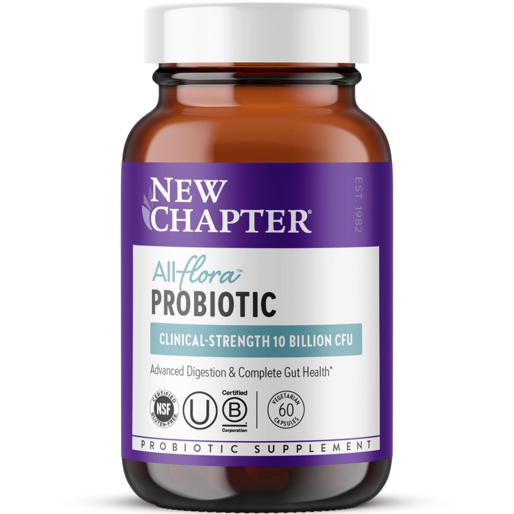 새로운 장 Probiotic All-Flora - 60 ct (2 개월 공급) 고급 소화 및 Prebiotics + Postbiotics, 임상적으로 장식 된 Strains, 100 % Vegan, Non-GMO, 선반 안정
