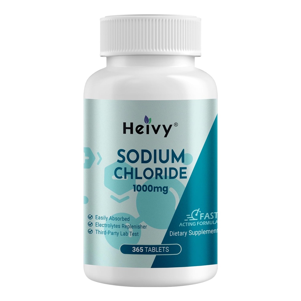 Heivy 염화 나트륨 정제 1000mg - 순수한 소금 정제, 365의 정제, 나트륨 염화물, 비 GMO - 전해질 균형과 Hydration 지원, Electrolytes Replenisher Hydration 음료