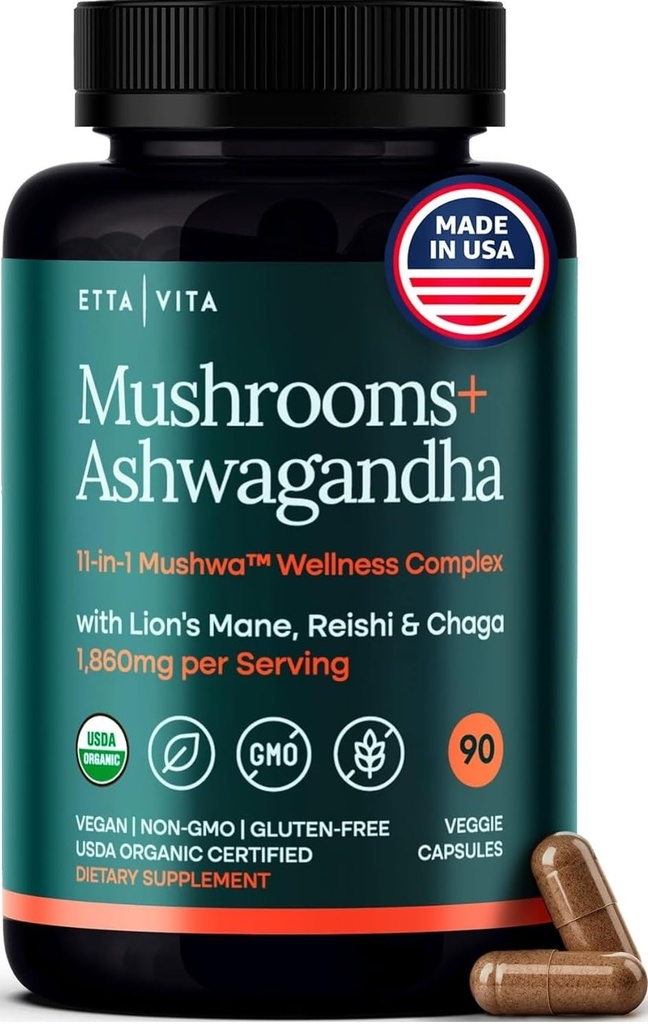 USDA 유기 사자 Mane 보충교재 캡슐을 가진 Ashwagandha, Chaga, Reishi, Cordyceps, 터키 (18 꼬리,600mg/serv) 초점 보충교재 - 에너지, Immunity & Nootropic