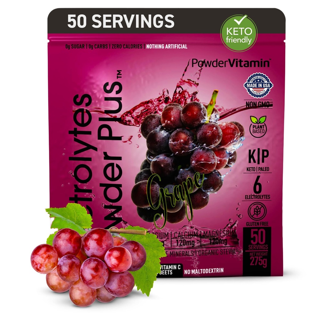 PowderVitamin Electrolytes 분말 플러스 (50 서빙) 포도 전해질 분말 Zero Calorie Keto, 0 설탕, No Maltodextrin, 1000mg 칼륨, 120mg 칼슘, 120mg 마그네슘, 수화 분말