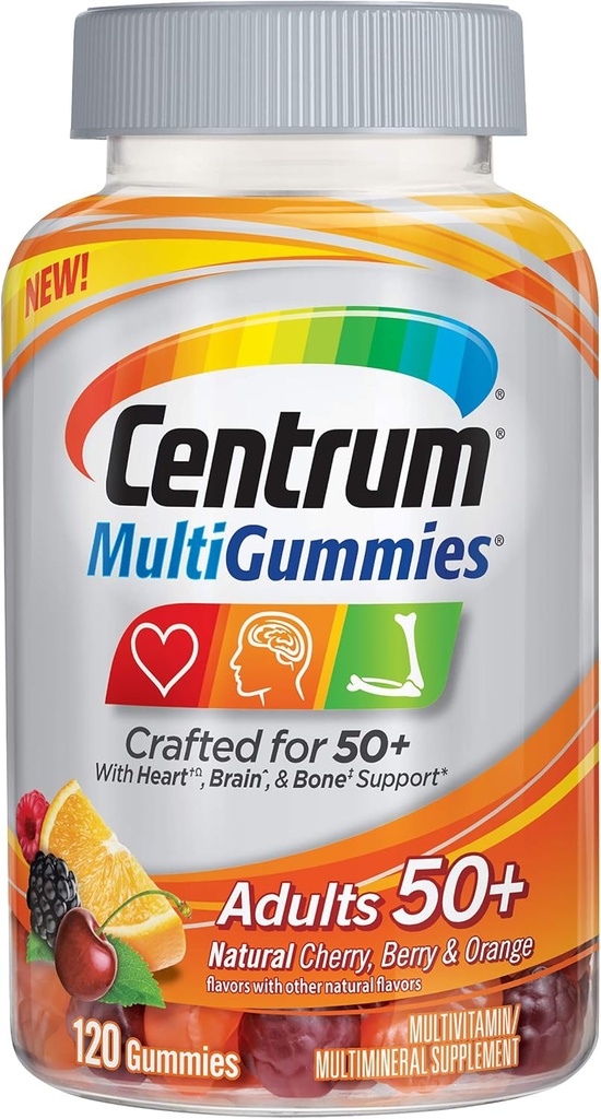 Centrum MultiGummies 성인 (120 조사, 자연 체리, 베리, 오렌지 맛) Multivitamin/Multimineral 보충교재 Gummies, 비타민 B12, D, E, 나이 50+