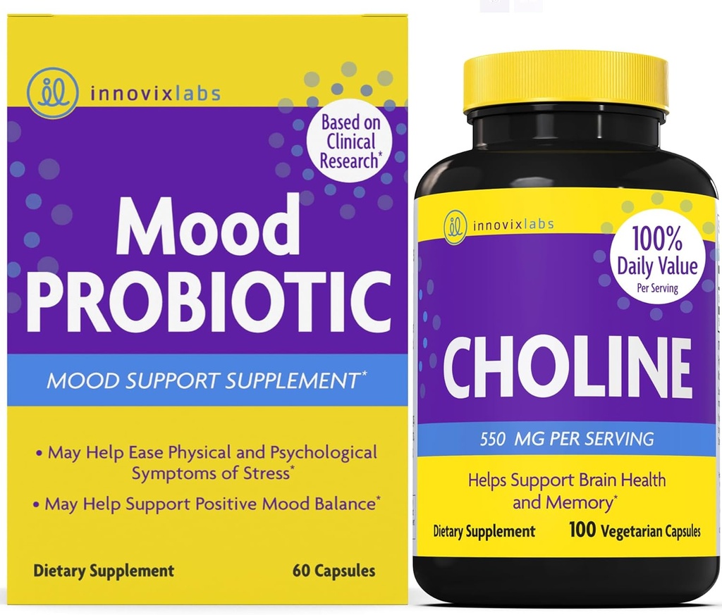 InnovixLabs Choline & Mood Probiotic 번들 콜린 비트 레이트 550mg (100 캡슐) 무드 프로 바이오 틱 (60 캡슐). Memory, Mood, Brain Health & Boost Cognitive 지원