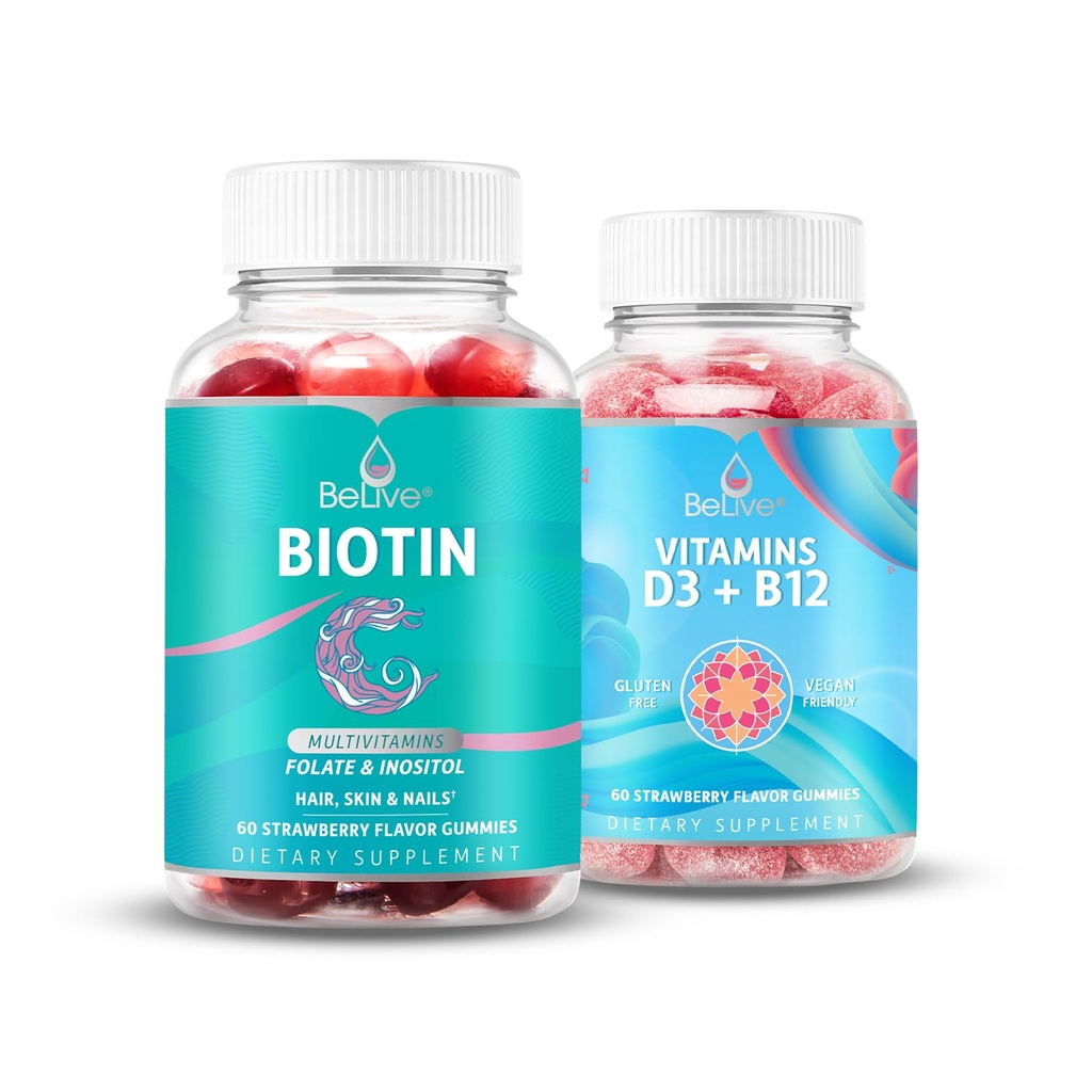 BeLive Biotin 및 Multivitamin D3 & B12 번들 모발 성장, 건강한 피부 및 손톱, 강화 뼈 및 근육 강도, 심장 건강 및 에너지
