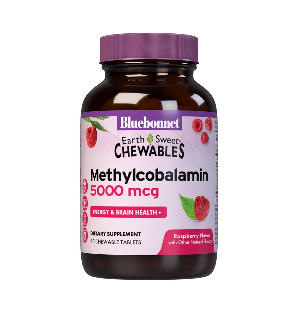 Bluebonnet 영양 EarthSweet Methylcobalamin 5,000 mcg 비타민 B12의 활동적인 코엔자임 모양은 에너지 부스트 & 대사를 지원합니다 - Vegan, 글루텐 자유로운 - 라즈베리 풍미 - 60 Chewable 정제