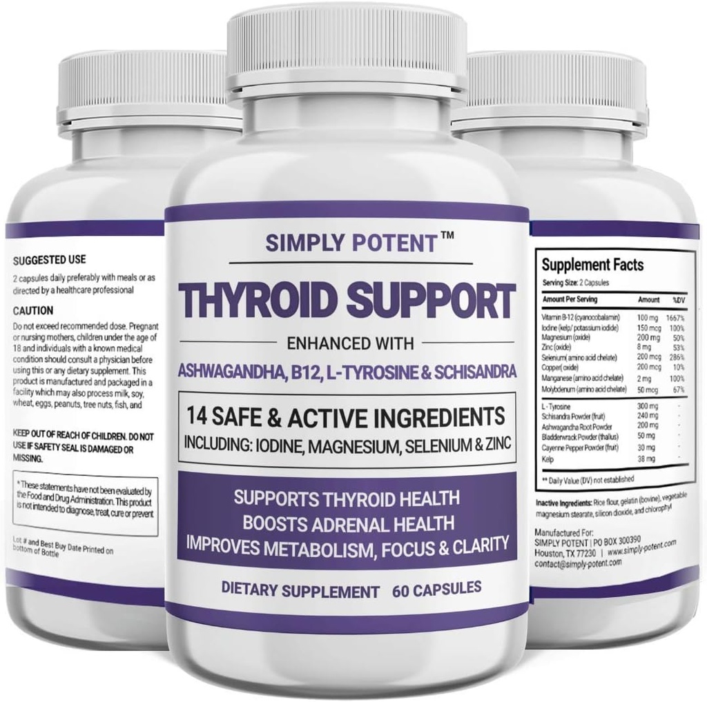 단순히 유력한 Thyroid 지원 & Adrenal 지원은 에너지, 대사, 여성 & 남자, 60의 모자를 위한 Iodine & Ashwagandha를 가진 2-in-1 자연적인 공식을 보충합니다