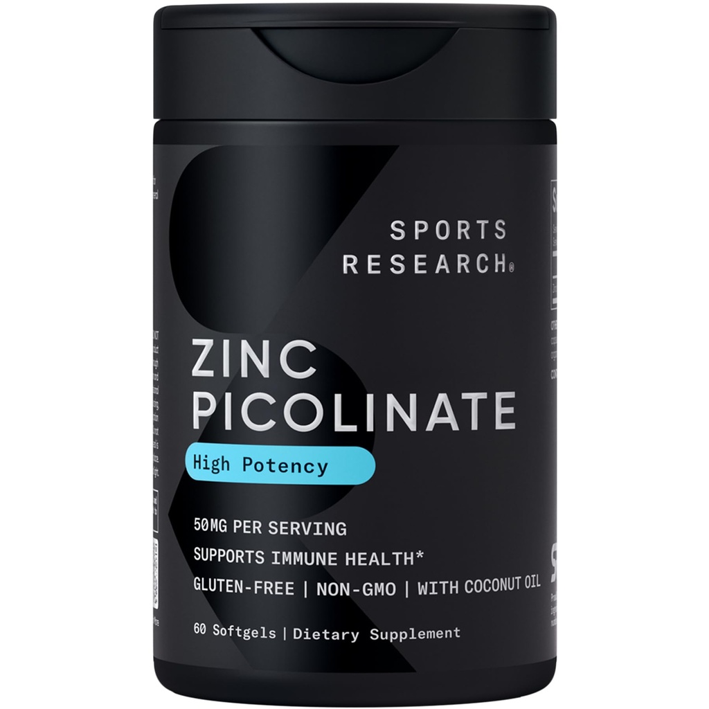 스포츠 연구 유기 코코넛 오일 50mg 아연 Picolinate | 건강한 면역 기능을 위한 높은 흡수성 아연 보충 - Non-GMO Verified, 글루텐 & Soy Free (60 액체 Softgels)