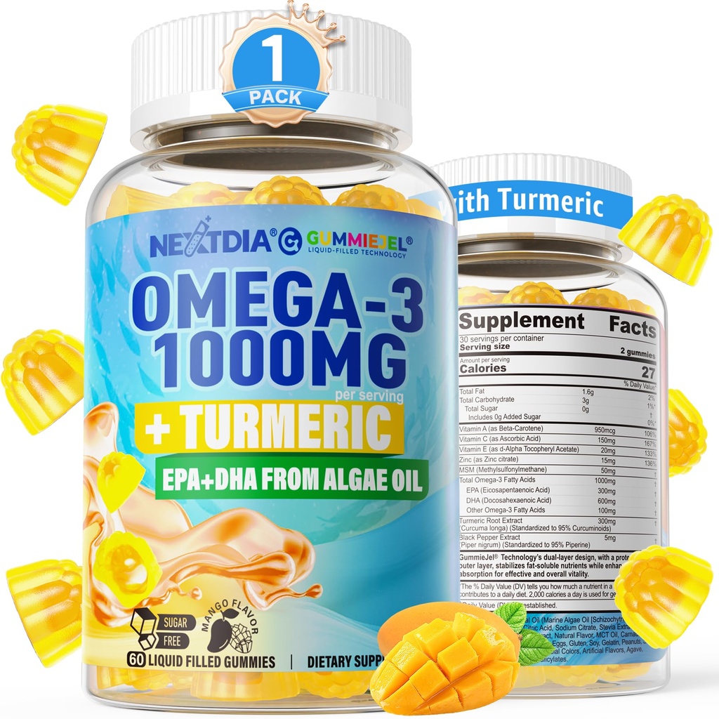Vegan Omega-3 Gummies 1000mg + Turmeric - 성인을위한 오메가 3 생선 기름 대안 - 조류 DHA 600mg & EPA 300mg, 비타민 A, C, E, 아연 및 MSM, 설탕 무료, 60 Cts
