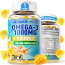 Vegan Omega-3 Gummies 1000mg + Turmeric - 성인을위한 오메가 3 생선 기름 대안 - 조류 DHA 600mg & EPA 300mg, 비타민 A, C, E, 아연 및 MSM, 설탕 무료, 60 Cts