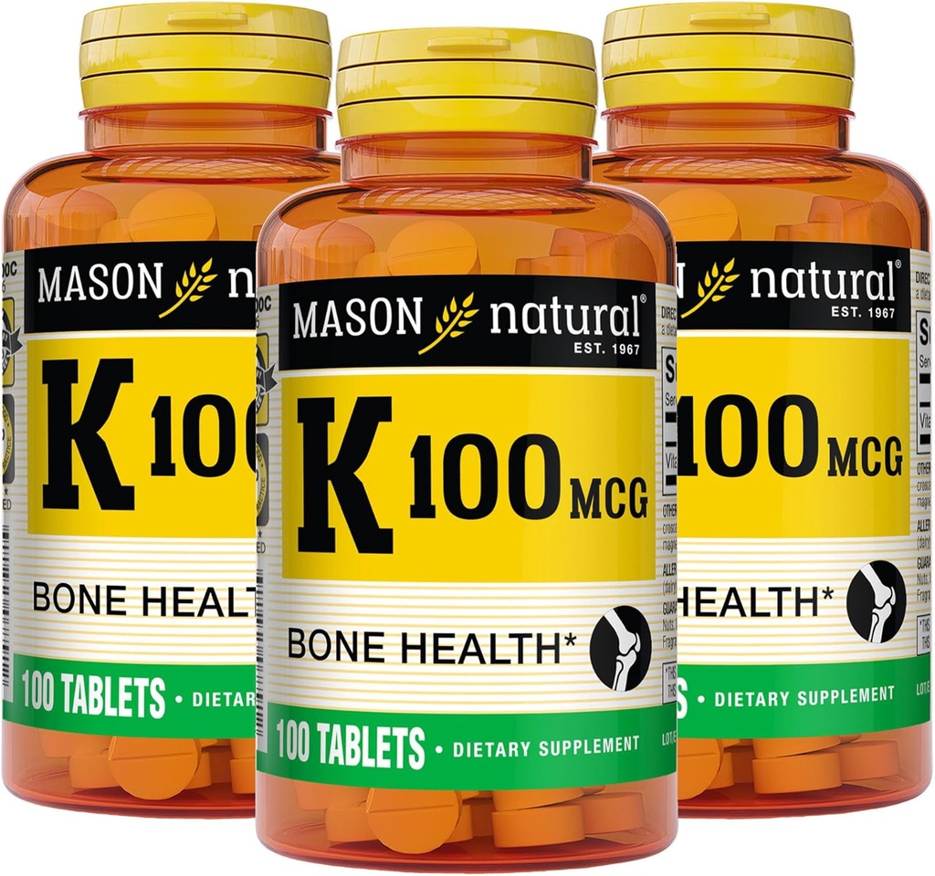 MASON NATURAL 비타민 K 100 mcg, 지원 뼈 & 합동 건강, 도움 칼슘 흡수, 100개의 정제, 3의 팩