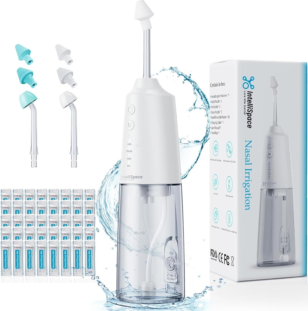 Nasal 관개 시스템 Sinus Allergy Relief Nasal Care 용 휴대용 무선 Nasal Rinse 기계 - Nasal Irrigation 용 전기 Neti Pot - 6 노즐 40 소금 팩이있는 Sinus Rinse Kit