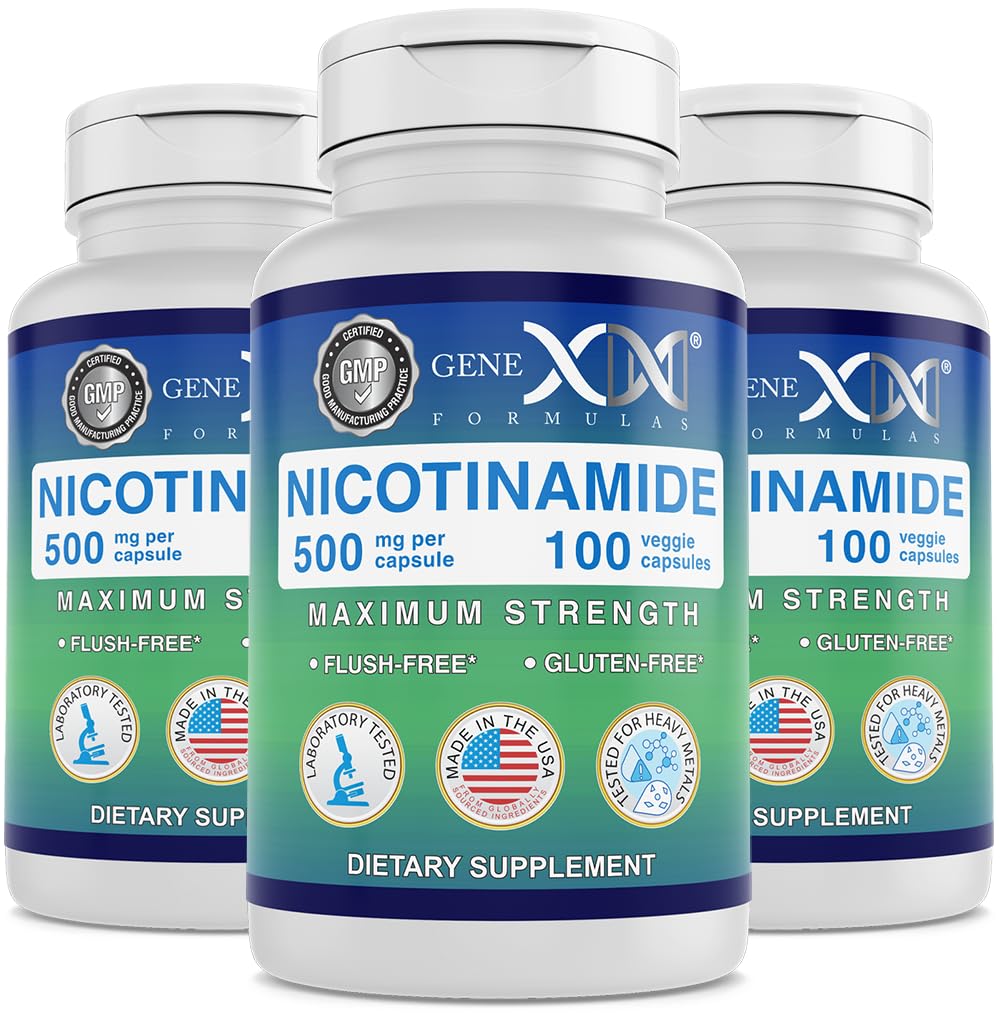 Genex 공식 니코틴아미드 500mg (3 팩) 건강한 피부를 위한 비타민 B3 홍조 자유로운 Niacin 캡슐 - Niacinamide 보충교재 알약은 Keratin & 지원 피부 세포 건강 & 에너지 (300의 캡슐)를 생성하는 것을 돕습니다