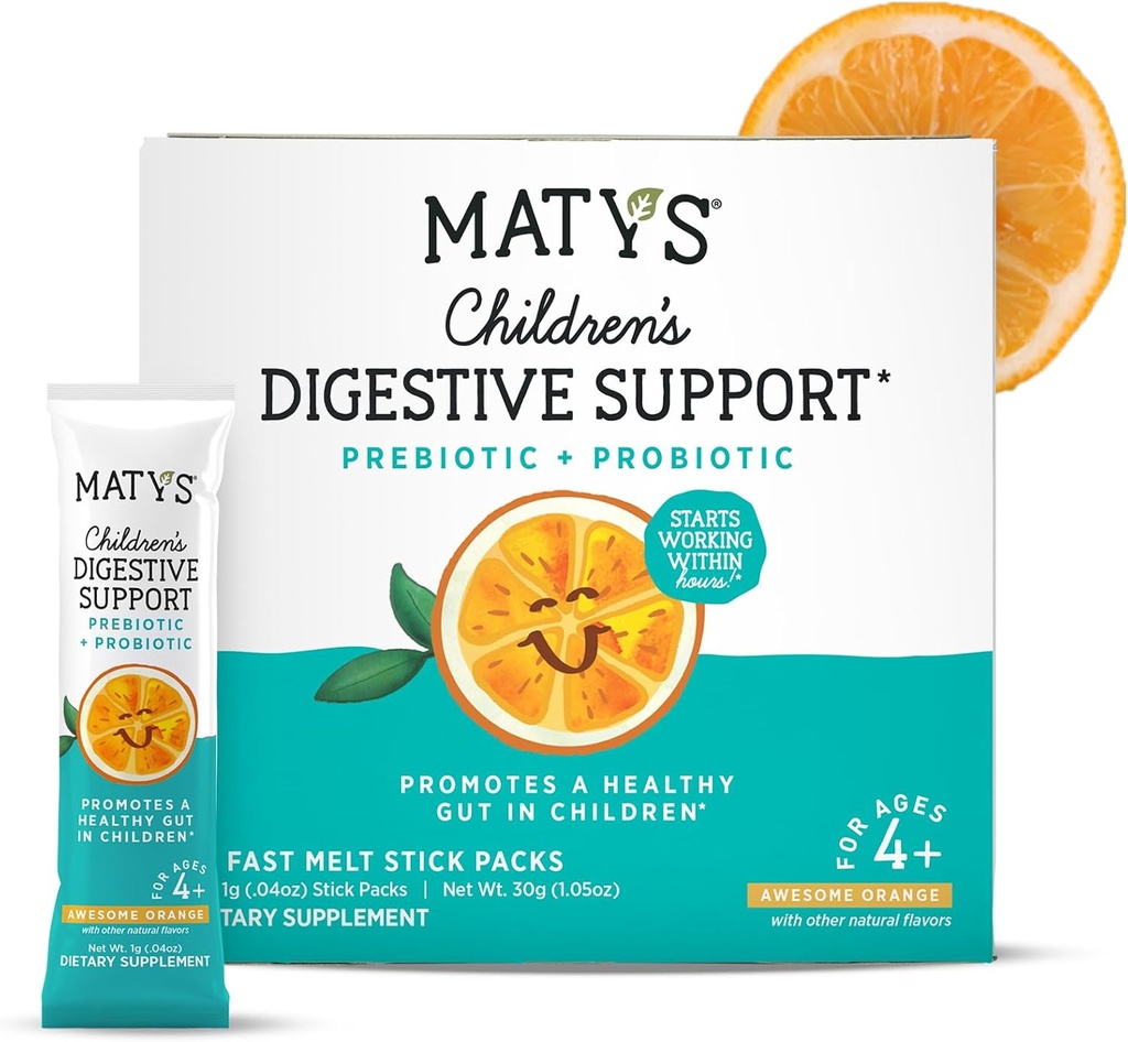 Matys 아이들의 소화 지원, 아이 소화 건강을 위한 Prebiotic & Probiotic 분말 팩, 나이 4 년 +의 최고 주황색 풍미, 추가된 설탕 없음, 글루텐 자유로운, 빠른 용해, 30 단 하나 Serve 소포
