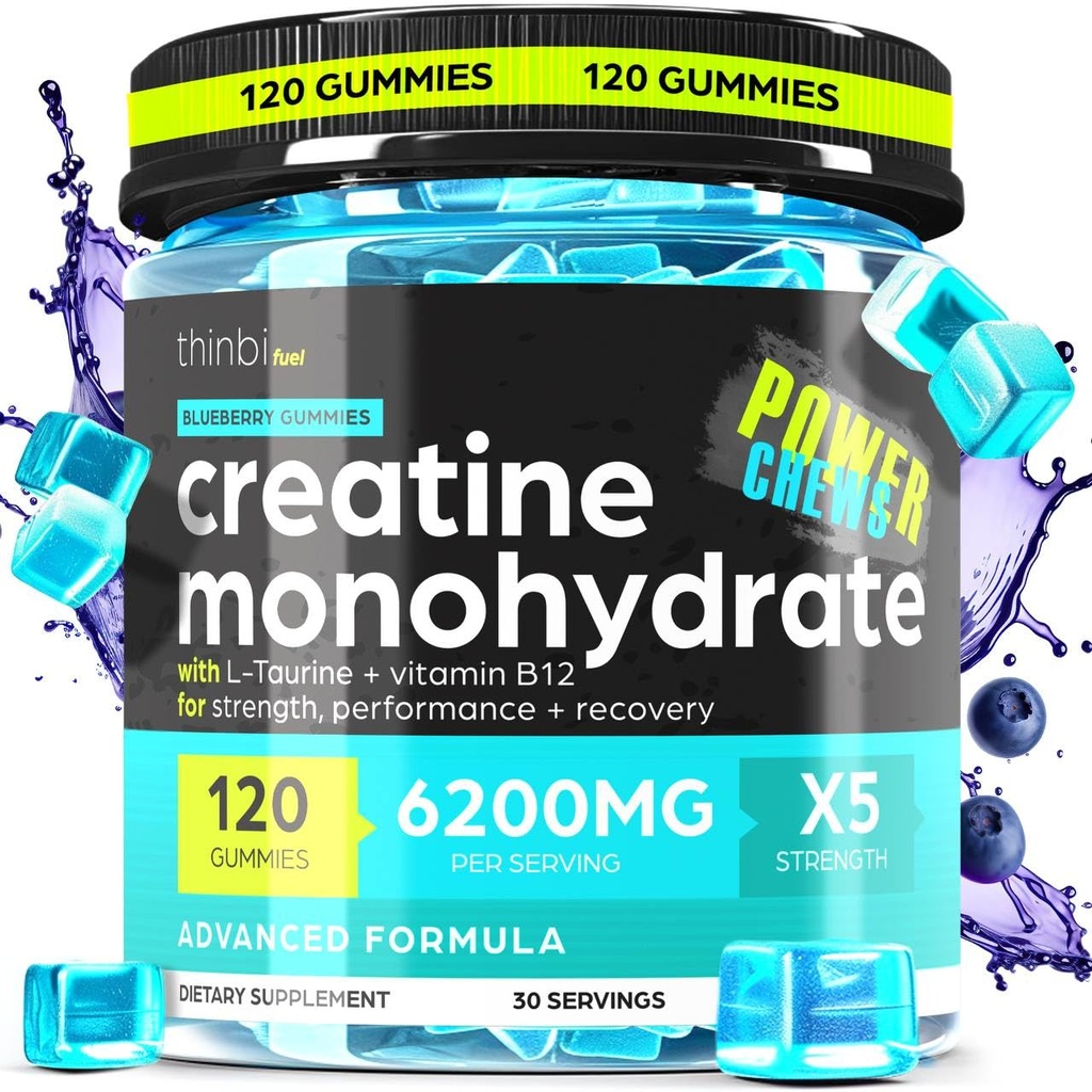 Creatine Monohydrate Gummies Complex 남자 & 여자를 위한 6200mg - 근육 힘, 근육 건축업자, 에너지 부스트, 전 운동 보충교재를 위한 120 Gummies 진보된 공식 W/L-Taurine + 비타민 B12 - Thinbi