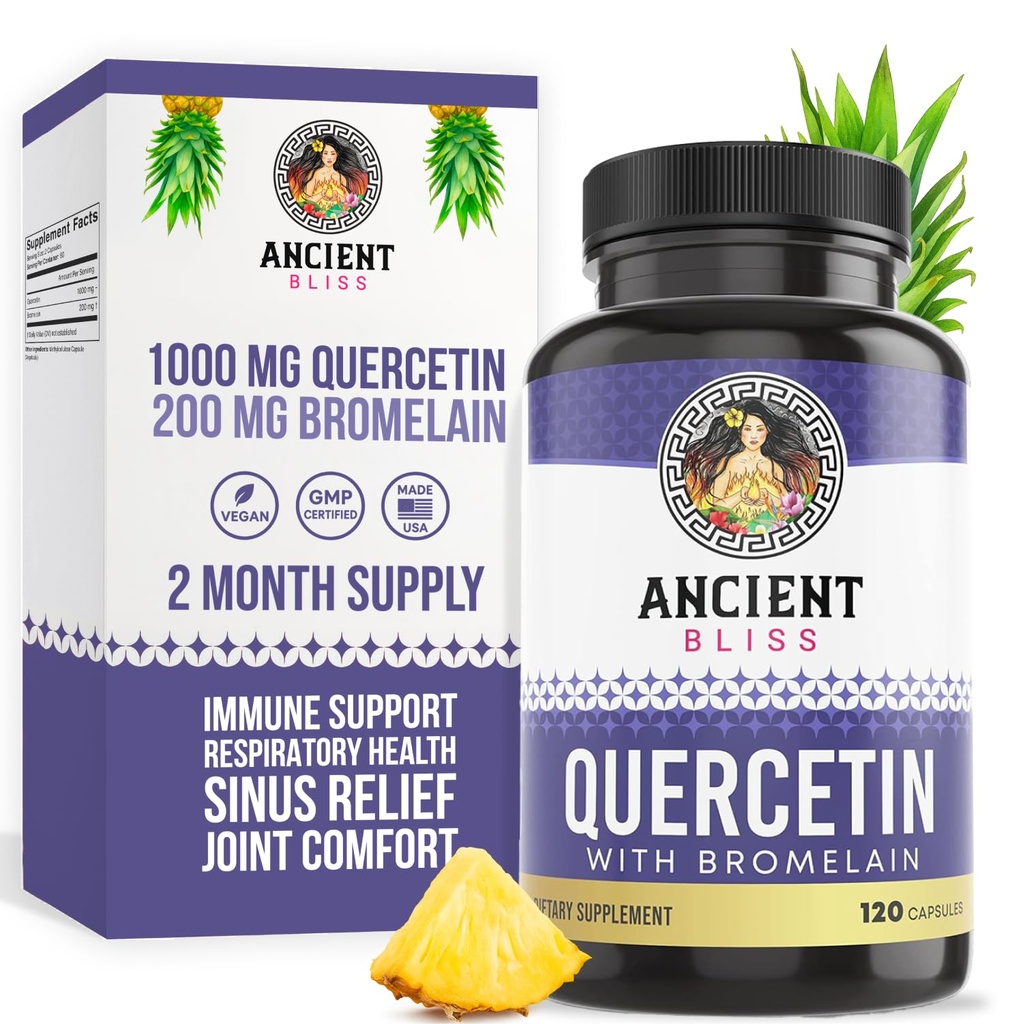 Bromelain의 고대 블리스 퀴르세틴 | Quercetin 1000mg Bromelain 200mg / 서빙 | Immune System, Joint Health, Respiratory Health & overall Well-Being - 120 캡슐 지원