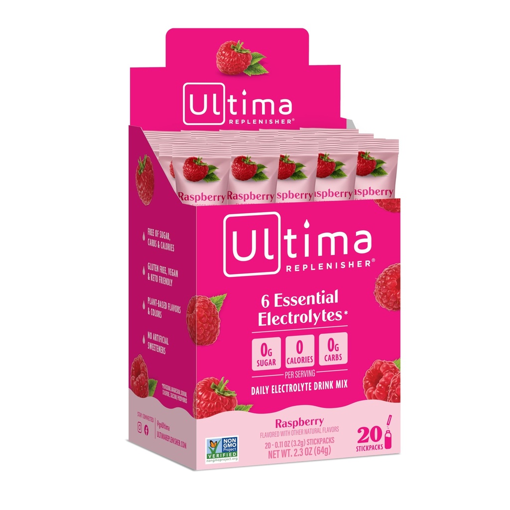 Ultima Replenisher, Electrolyte Hydration 음료 혼합, 라즈베리, 20 카운트 Stickpacks 상자 - 설탕 무료, 0 칼로리, 0 캐비티 - 글루텐 - 무료, 케토, 비 GMO, 비건