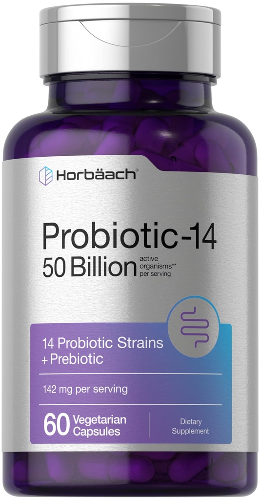 Horbaach Probiotics for Women and Men | 60 캡슐 | 14 Probiotic Strains with Prebiotic | 50 억 활성 조직 | 비 GMO 및 글루텐 무료 보충