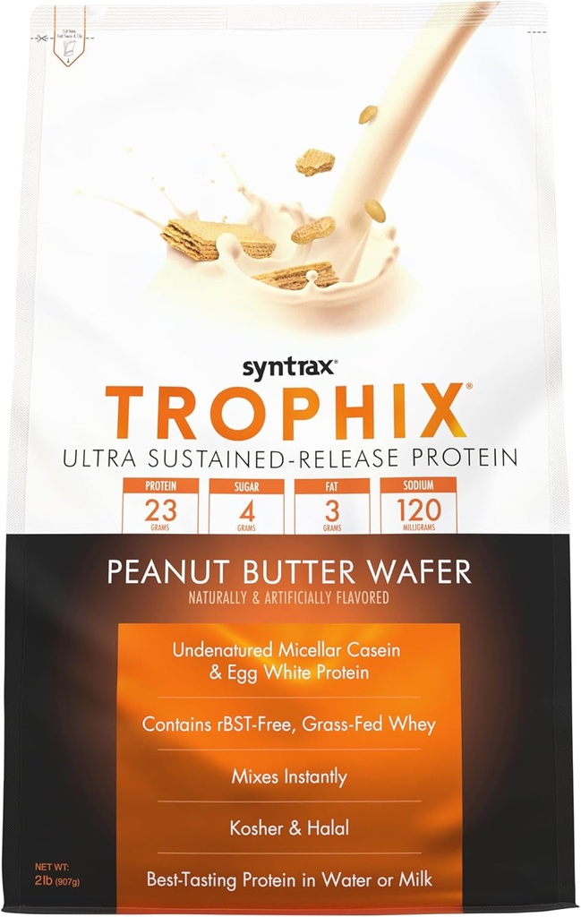 Syntrax Nutrition Trophix, Ultra Sustained-Release Protein Powder Blend, 땅콩 버터 웨이퍼 2 파운드, 실제 웨이퍼 조각