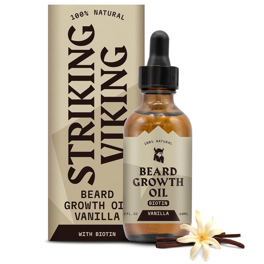 Striking Viking Beard Growth Oil with Biotin - 2 Fl Oz, 바닐라 - 두껍게, 조건 Biotin Beard Oil Serum for Men with Argan & Jojoba - 남자를위한 얼굴의 머리 성장 세럼
