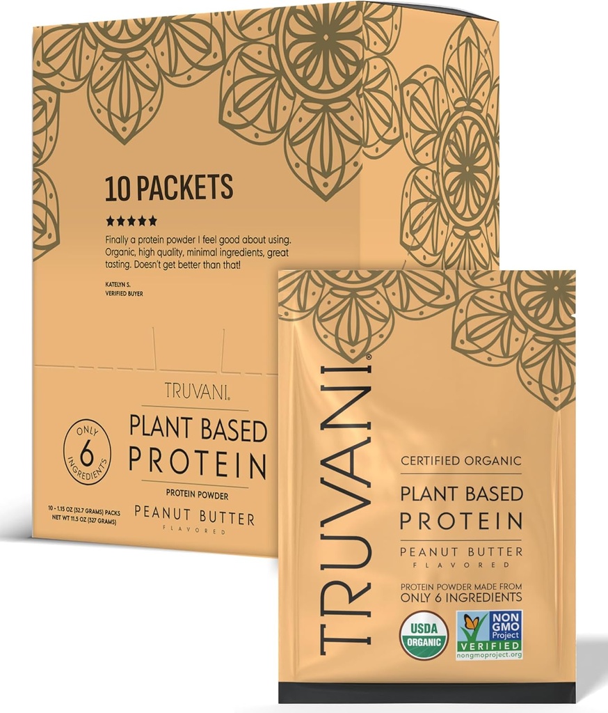 Truvani Vegan Pea Protein Powder | 땅콩 버터 | 20g 유기농 공장 기반 단백질 | 싱글 서빙 여행 패킷 | 10 서빙 | Keto | Gluten & Dairy Free | Low Carb | 추가 설탕