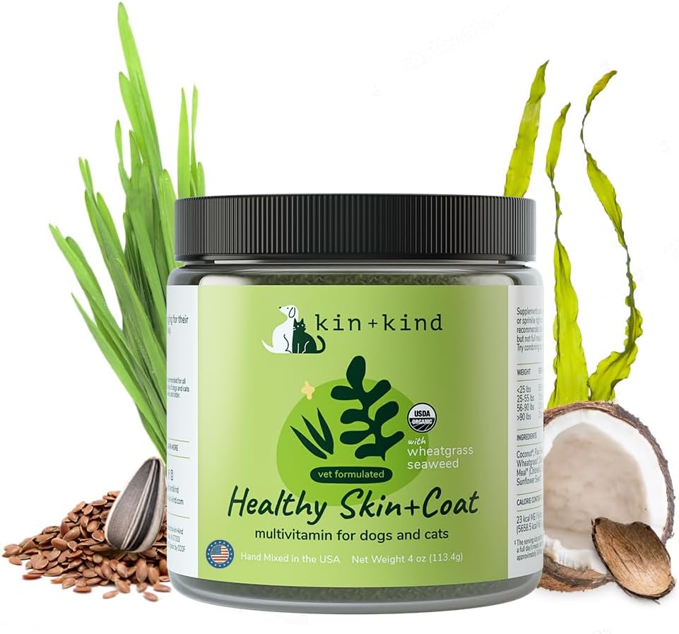 kin+kind Organic Multivitamin for Dogs & Cats - 건강한 피부와 외투를위한 애완 동물 보충 - Wheatgrass, Ke, Seaweed 및 Coconut를 가진 안전한, 자연적인 공식 - 미국 - 4개 oz (Medium)에서 만드는