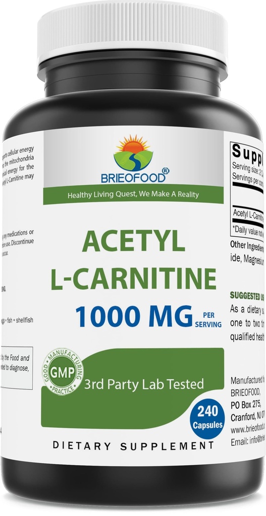Brieofood Acetyl L 카르니틴 1000 mg 서빙 240 캡슐. 글루텐 프리, 비 GMO.