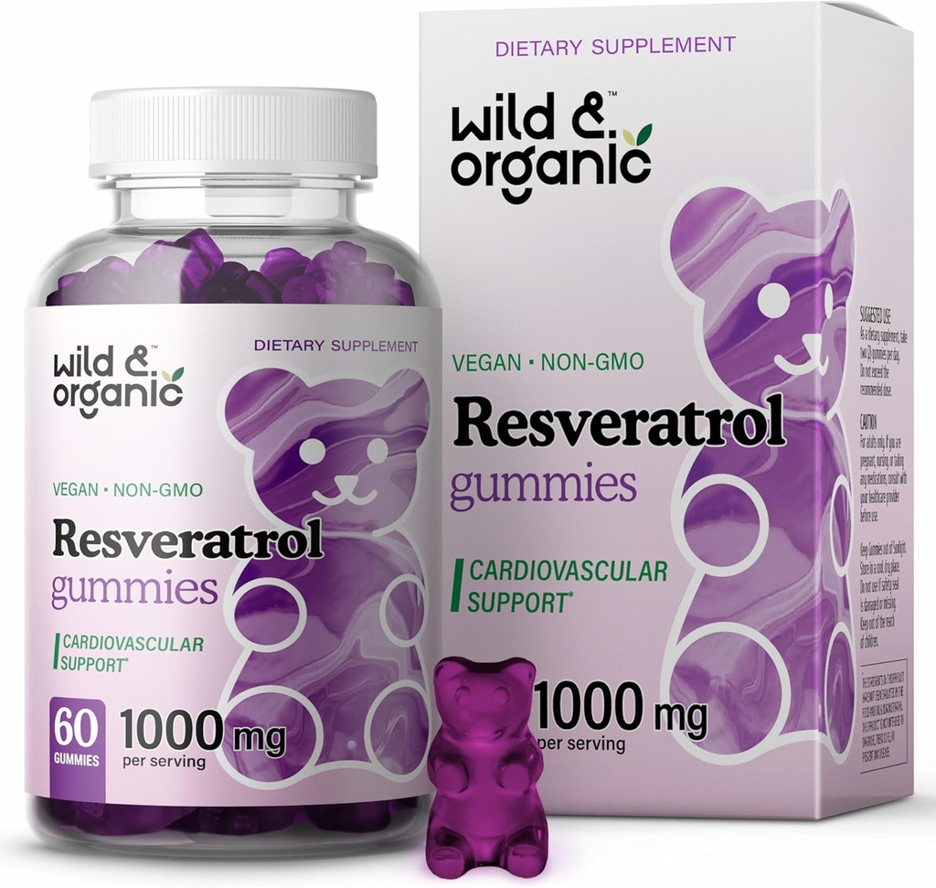 야생 & 유기 Resveratrol Gummies 1000mg - Antioxidant, 두뇌, 면역 지원 - 60 Vegan, 비 GMO 항산화 제