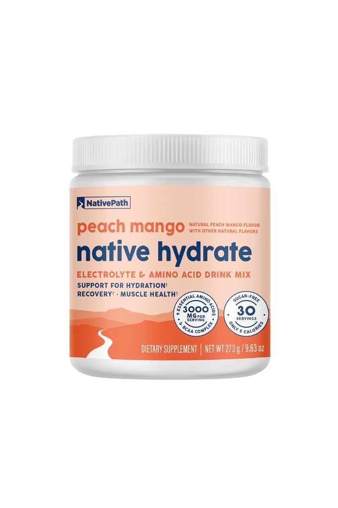 NativePath Native Hydrate, Zero Sugar, BCAAs, Peach Mango Hydration, Keto & Paleo를 가진 전해질 분말, 30의 서빙