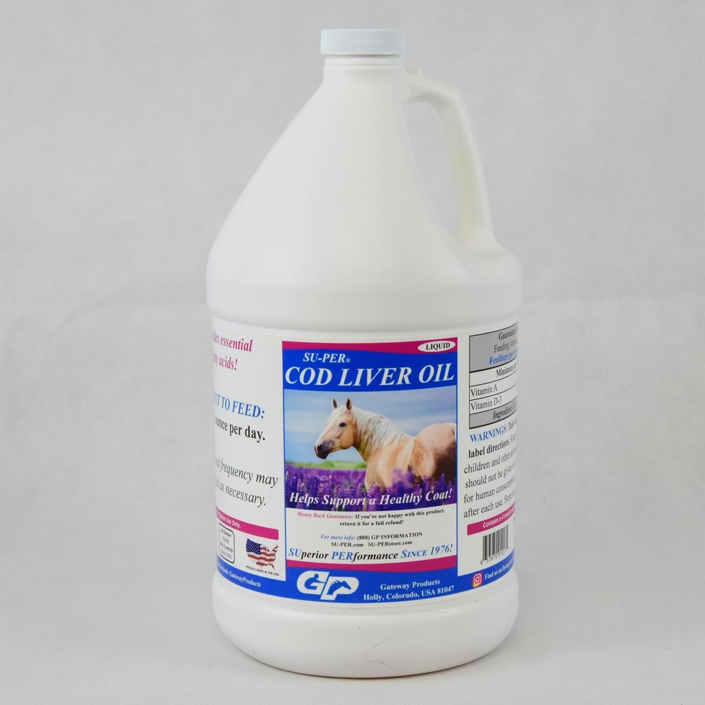 SU-PER Cod Liver Oil for Horses - Essential Fatty Acids, Omega 3, Vitamins A & D - 건강한 말 코트 및 스킨 지원 - 1 갤런, 4 개월 공급